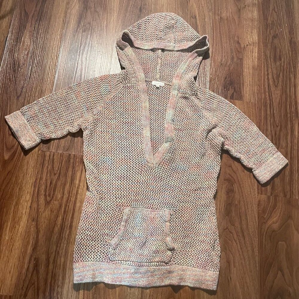 Maurices Knit Hoodie Short Sleeve Boho Tan Multicolor Pullover Cotton Women's LG